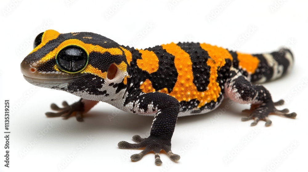 Obraz premium Vibrant Orange and Black Gecko on White Background