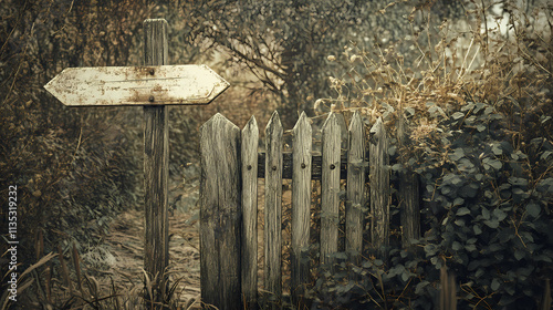 An old wooden arrow-shaped signpost leaning against a wooden fence post, with a rustic gate and overgrown vegetation nearby , vintage, overgrowth. Overgrowth. Illustration photo