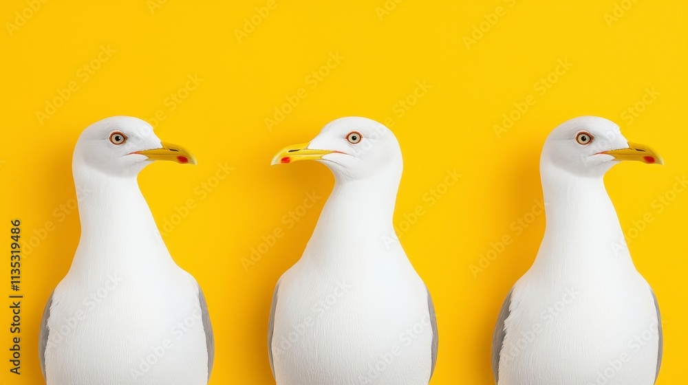 Three Seagulls in Profile Against Yellow Background Three Seagulls in Profile Against Yellow Background