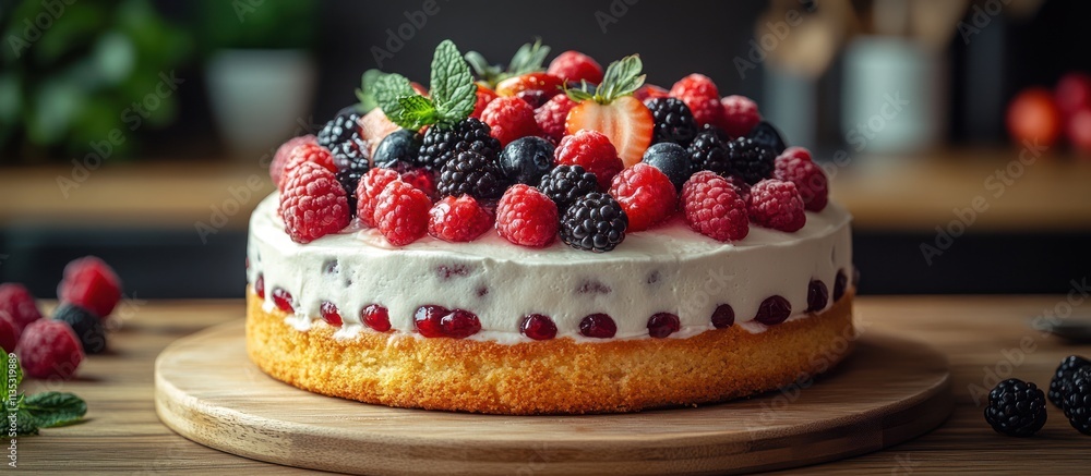 custom made wallpaper toronto digitalDelicious mixed berry cake on wooden board.