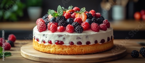 Wallpaper Mural Delicious mixed berry cake on wooden board. Torontodigital.ca