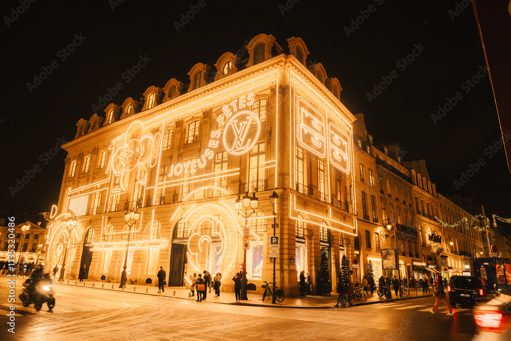 Fototapeta premium Illuminated Luxury Storefront in a Festive City Street at Night