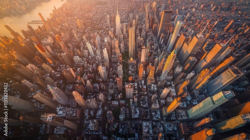 Breathtaking aerial view of the Manhattan skyline at sunset, showcasing vibrant skyscrapers bathed in warm evening light. The dense urban scenery highlights the city's iconic architecture and dynamic