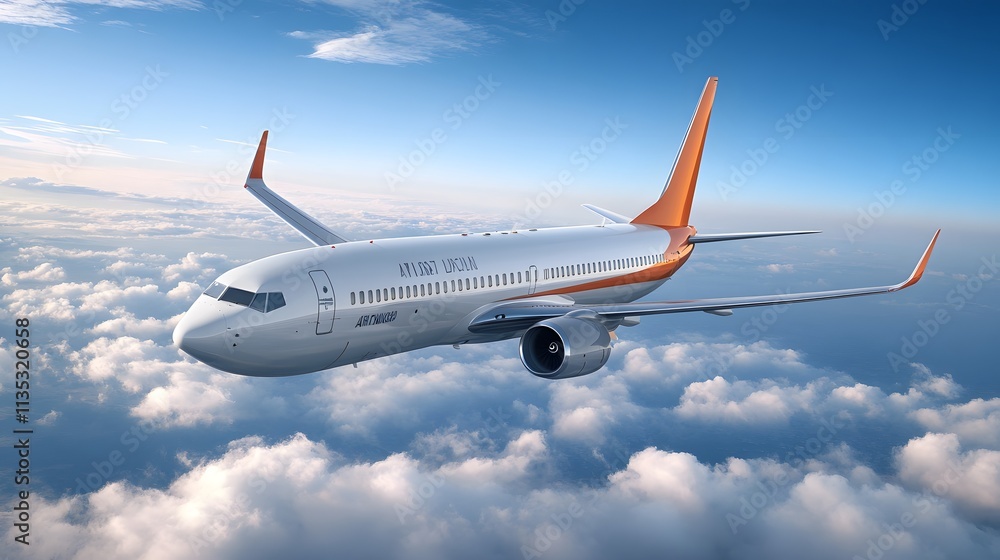 Fototapeta premium Airplane Soaring Above Fluffy White Clouds In Blue Sky