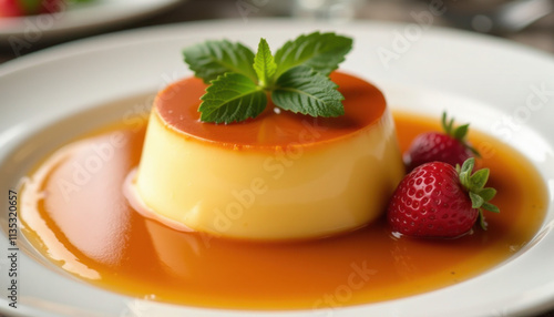 A close-up of a perfectly smooth caramel flan served on a white plate photo