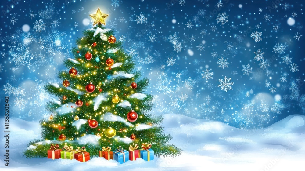 Decorated Christmas tree with gifts, snow, and star. Decorated Christmas tree with gifts, snow, and star.
