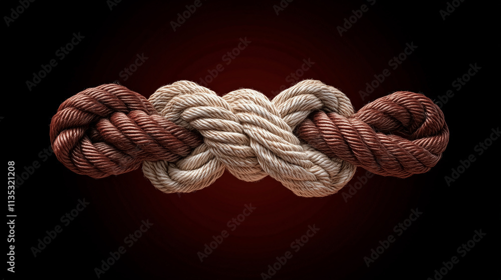 Weaving of beige and brown ropes, like concept of teamwork unity, on black background. Weaving of beige and brown ropes, like concept of teamwork unity, on black background.