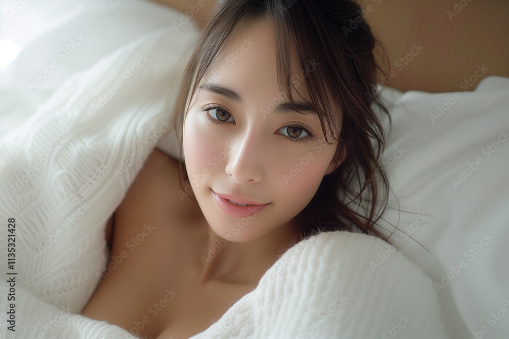 白い毛布に包まれた寝起きの綺麗な女性 白い毛布に包まれた寝起きの綺麗な女性