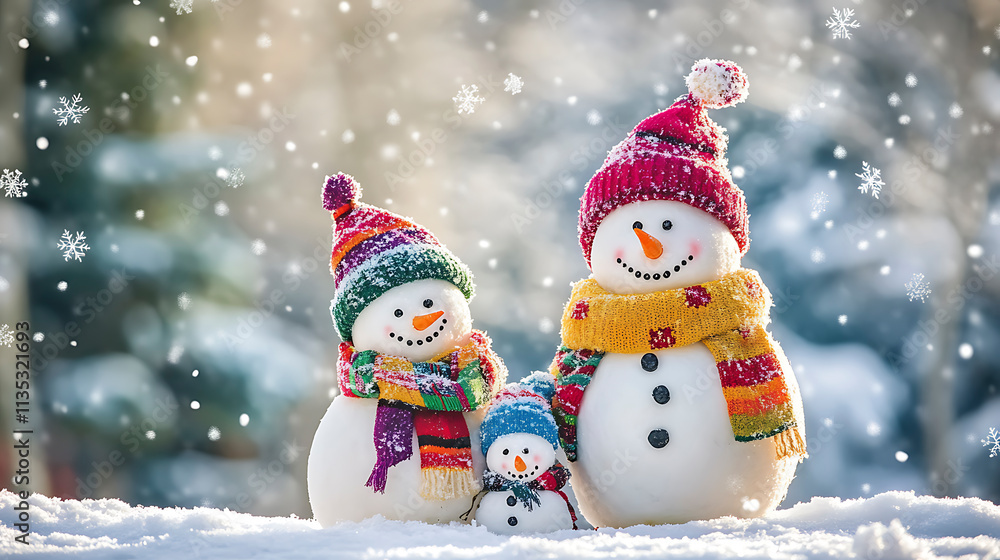 Fototapeta premium Frosty Winter Magic Snowmen in Festive Outfits Await Your Caption