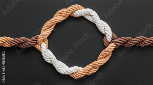  Circular weave of ropes, like concept of teamwork unity, on dark grey background. photo