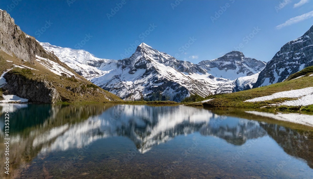 Serene Alpine Lake Reflecting Towering Snow-Capped Peaks Under a Clear Blue Sky Serene Alpine Lake Reflecting Towering Snow-Capped Peaks Under a Clear Blue Sky