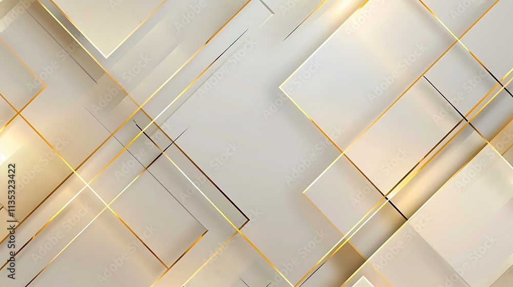 Obraz premium A sophisticated abstract background with gold lines and shadows, featuring overlapping geometric shapes and transparent squares for a luxurious, modern design.