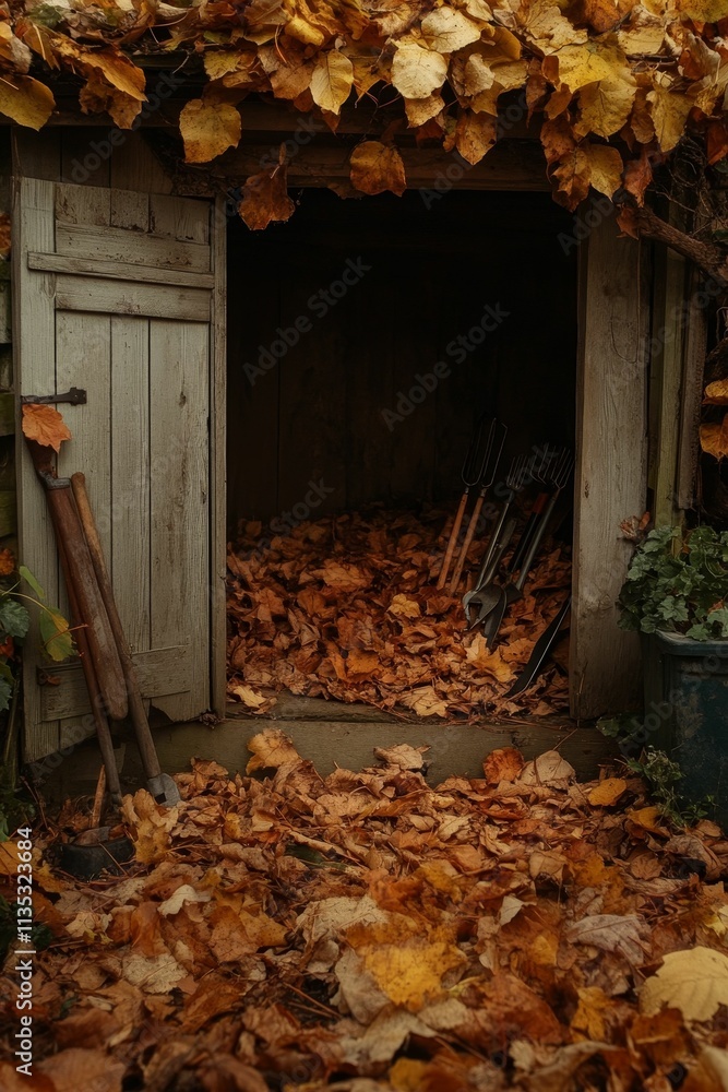 Autumn leaves, shed tools, open door, wooden structure. Autumn leaves, shed tools, open door, wooden structure.