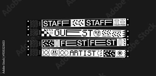 Wristband control bracelets for fest, staff, guest, artist, contest, concert, perfomer. Vector mockup of a festival bracelet in a futuristic style.