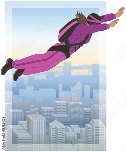 BASE jumping, aerial view of a female BASE jumper free-falling high above tall buildings in a city 