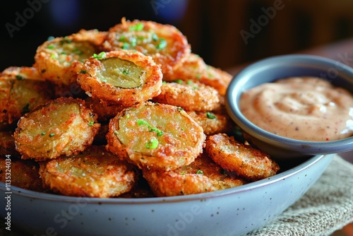 This professional photo showcases fried pickles on a stylish plate, highlighting their golden-brown crust and tangy taste, embodying a relaxed pub atmosphere with a dipping sauce.

