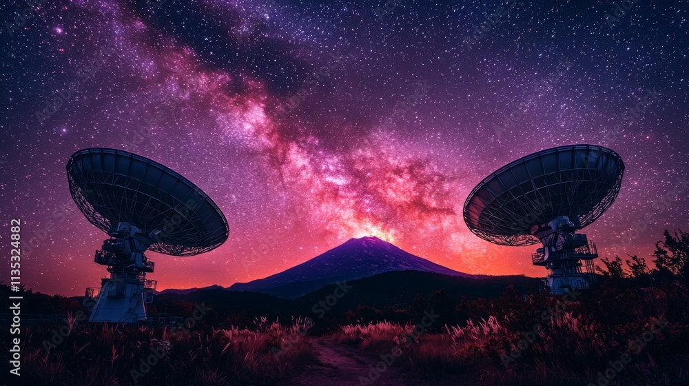 **Astronomical Marvel: Three radio telescopes rise gracefully beneath a stunning twilight sky, with a grand mountain outlined in the backdrop.** **Astronomical Marvel: Three radio telescopes rise gracefully beneath a stunning twilight sky, with a grand mountain outlined in the backdrop.**
