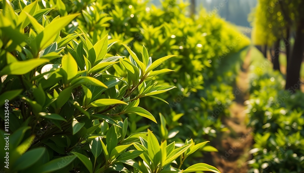 Fresh Green tea tree leaves in eco herbal farm. Tree tea plantations in morning sun light Fresh Green tea tree leaves in eco herbal farm. Tree tea plantations in morning sun light