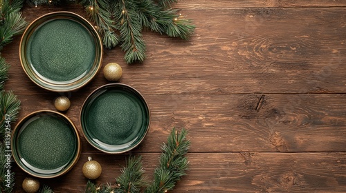 A cozy holiday setup with green and gold plates on a wooden table adorned with pine garlands photorealism minimalism photo