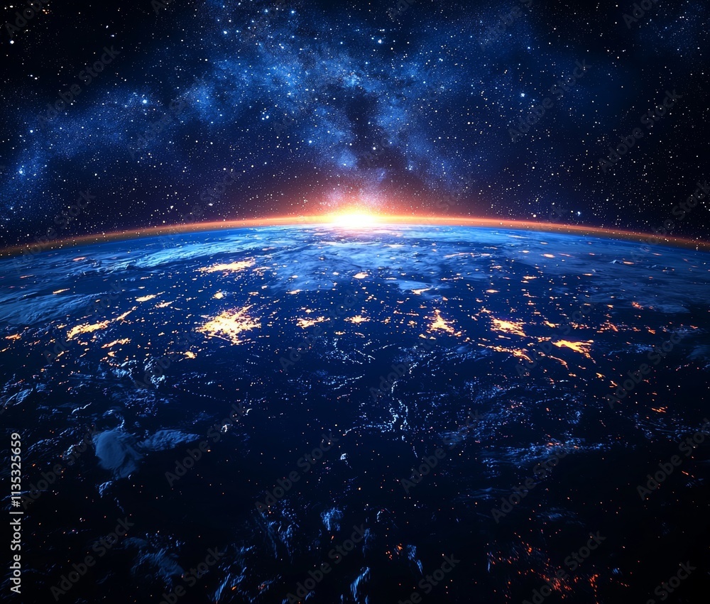 Obraz premium The Earth, known as the Blue Planet, shows a sunrise over a cloudy ocean from space.