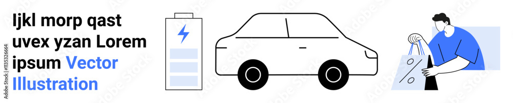 Battery, car, person with reusable bag, text. Ideal for electric vehicles, eco-friendly, sustainability, renewable energy clean transportation recycling green lifestyle. Landing page Battery, car, person with reusable bag, text. Ideal for electric vehicles, eco-friendly, sustainability, renewable energy clean transportation recycling green lifestyle. Landing page