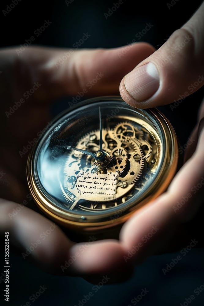 Hands holding ornate clockwork mechanism, visible gears. Hands holding ornate clockwork mechanism, visible gears.