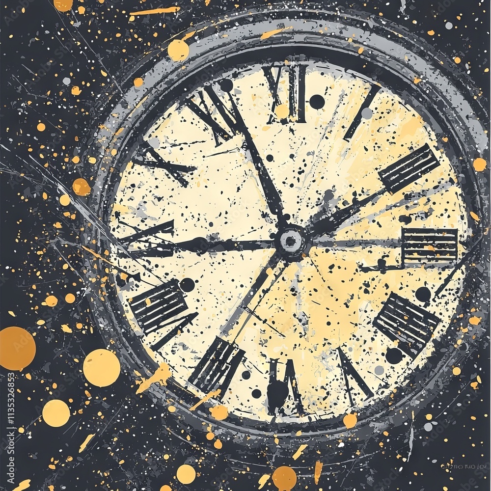 Fototapeta premium Artistic depiction of a clock with splashes of color and a vintage design.