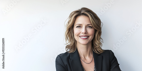  Professional mid-adult businesswoman with short hair smiling confidently against a plain white background, wearing a patterned blazer.