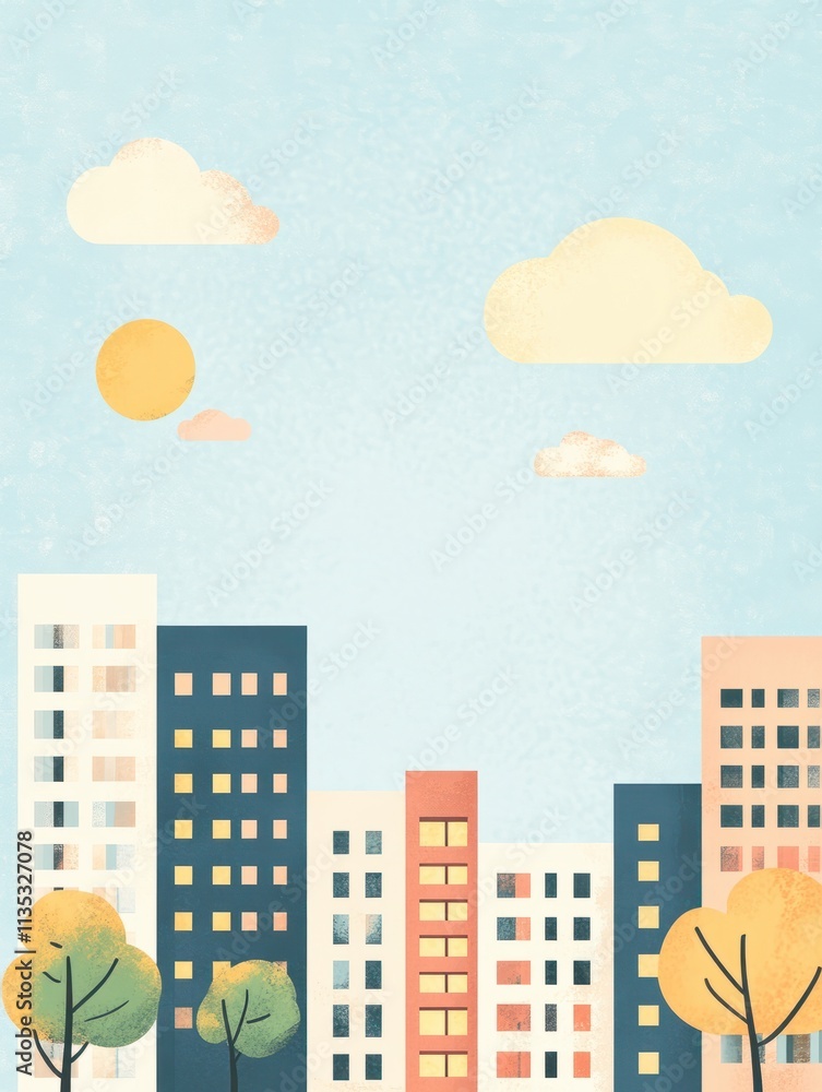 A buildings with trees under the sun. A Contemporary style with pastel palette, soft blue tinted background with desaturated clouds. flat design illustration. Horizontal layout. A buildings with trees under the sun. A Contemporary style with pastel palette, soft blue tinted background with desaturated clouds. flat design illustration. Horizontal layout.