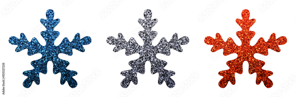 Three glittering snowflakes in blue, silver, and red colors displayed on a white background, perfect for winter-themed decorations and seasonal designs. Three glittering snowflakes in blue, silver, and red colors displayed on a white background, perfect for winter-themed decorations and seasonal designs.