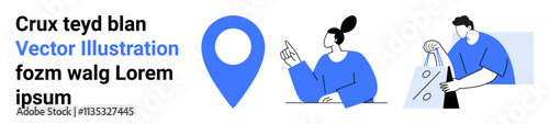 Shopping bag percentage icon, blue location pin, person hand gestures. Ideal for e-commerce, retail, marketing, navigation, discount online shopping customer interaction. Landing page