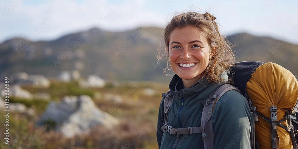 Naklejka premium A smiling woman hiker wearing a green cap and plaid shirt, carrying a blue backpack, enjoying a lush green outdoor environment during her scenic adventure.