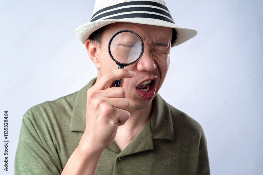 An Asian man wearing a white fedora and a green shirt is holding a magnifying glass close to his eye, winking with an open mouth in excitement against a white background An Asian man wearing a white fedora and a green shirt is holding a magnifying glass close to his eye, winking with an open mouth in excitement against a white background