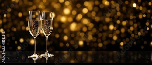 two champagne glasses against a gold and black bokeh background, celebration, New Year 