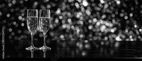 two champagne glasses with a sparking bokeh backdrop of black and silver, celebration, New Year