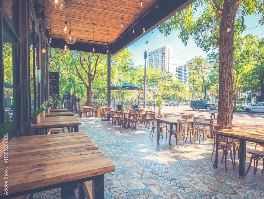 Morning terrace with tables and chairs in a garden cafe