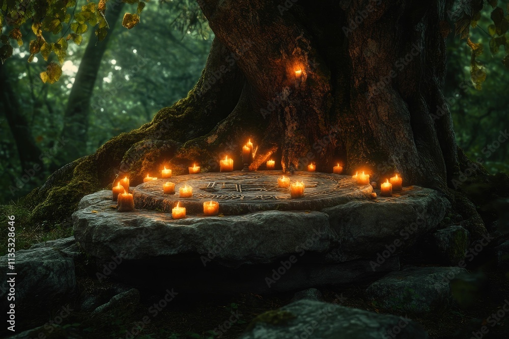 Candles illuminate stone circle, forest backdrop. Candles illuminate stone circle, forest backdrop.