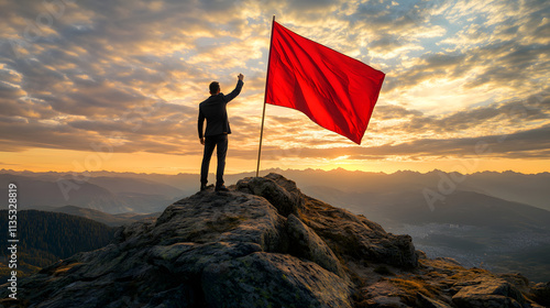 Business Success Concept: Leader Reaching Goal with Victory Flag