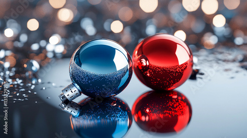 New Year 2025 2026 background with two glass Christmas tree balls in blue and red colours on silver morror. Winter holidays decor New Year's ornaments photo