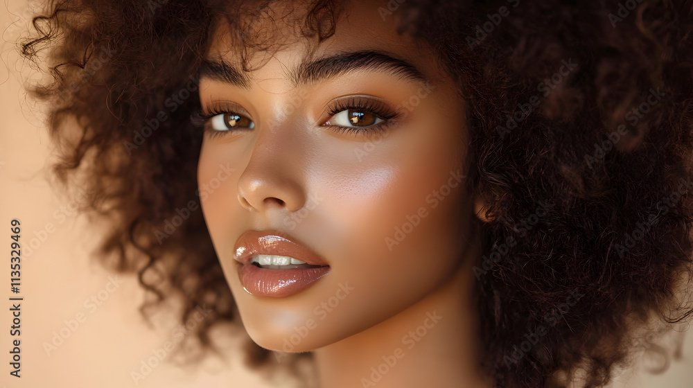 Beautiful Woman Curly Hair Brown Skin Makeup Closeup Portrait Beautiful Woman Curly Hair Brown Skin Makeup Closeup Portrait