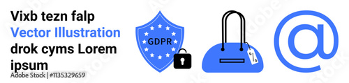 GDPR shield icon with lock, handbag with lock key, and blue At symbol. Ideal for data security, privacy policies, communication, digital identity, online safety, content creation information