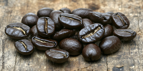 Roasted Coffee Beans on Rustic Wooden Background photo