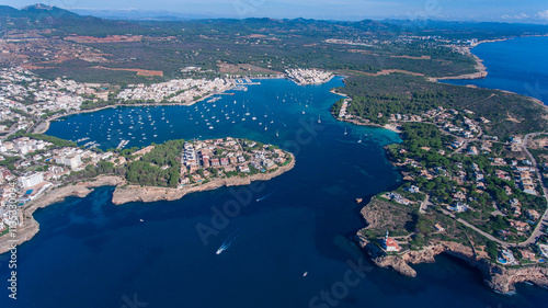 Aerial view of the entrance to Portcolom Bay on the island of Mallorca.