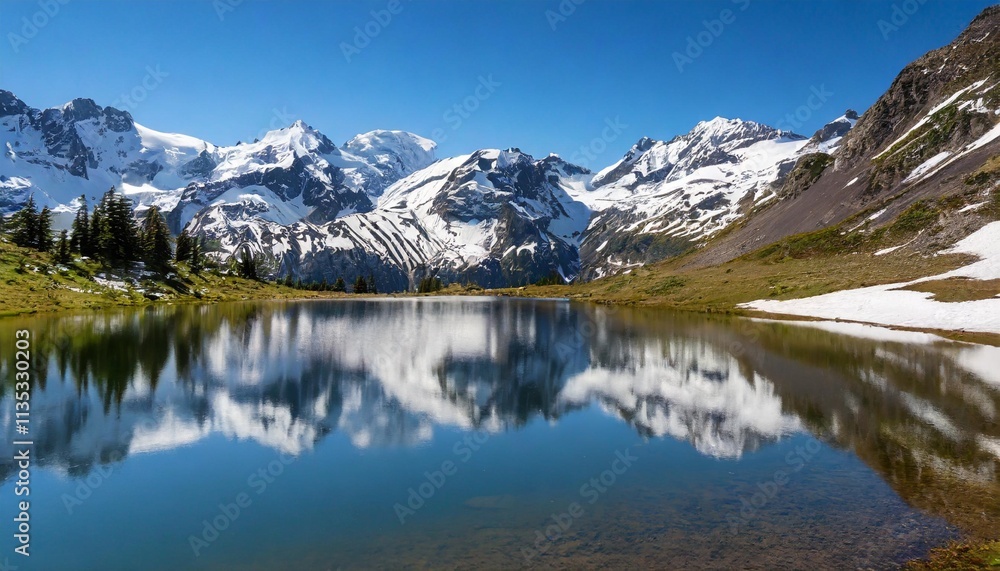 Fototapeta premium Serene Alpine Lake Reflecting Towering Snow-Capped Peaks Under a Clear Blue Sky