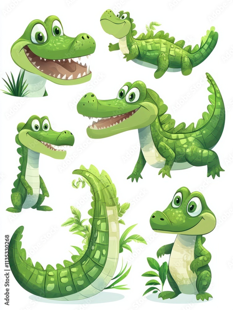 Obraz premium Crocodile. Cartoon cute crocodiles, wild humorous alligator character for babies. Art animal africa jungle, nowaday funny nursery graphics vector set