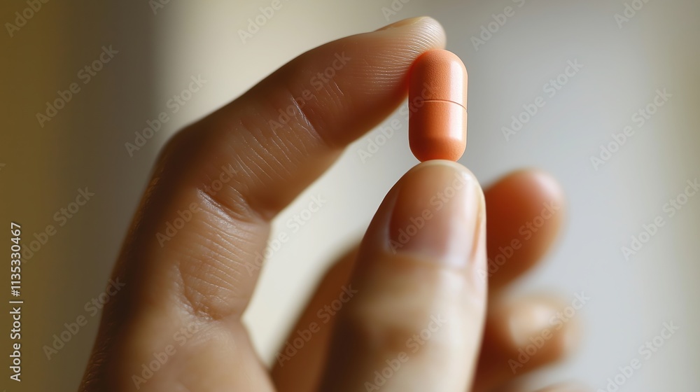 Close-up macro photograph of orange medical capsule held between fingers in soft natural lighting against neutral background, showing fine skin texture details and pharmaceutical product design Close-up macro photograph of orange medical capsule held between fingers in soft natural lighting against neutral background, showing fine skin texture details and pharmaceutical product design