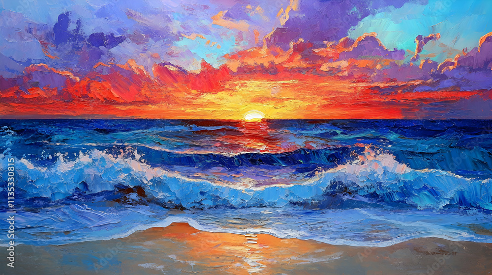 Vibrant sunset over ocean waves on a sandy beach Vibrant sunset over ocean waves on a sandy beach