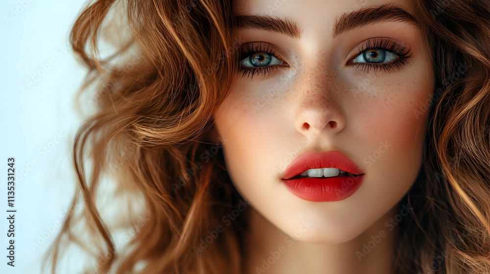 Fototapeta premium Beautiful Woman Red Lips Curly Hair Closeup Portrait