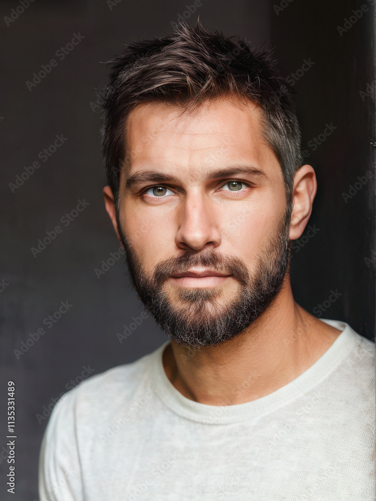 A portrait of a 25-year-old man with short hair and a neatly trimmed beard, dressed casually, exuding confidence in a simple, natural setting. Generative AI A portrait of a 25-year-old man with short hair and a neatly trimmed beard, dressed casually, exuding confidence in a simple, natural setting. Generative AI