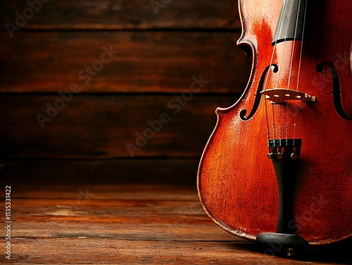 Close-up of a violin on a wooden surface, showcasing craftsmanship and detail. photo